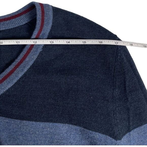 Brooks Brothers Men’s Size Medium Merino Wool Navy Red Striped V-Neck Sweater - Picture 6 of 8